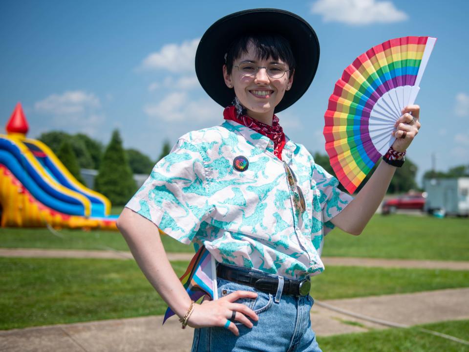 Charlie Vaultonburg poses for a photo during the Community Pride Month Celebration at Pugh Bourne Park on Sunday, June 24, 2023. 