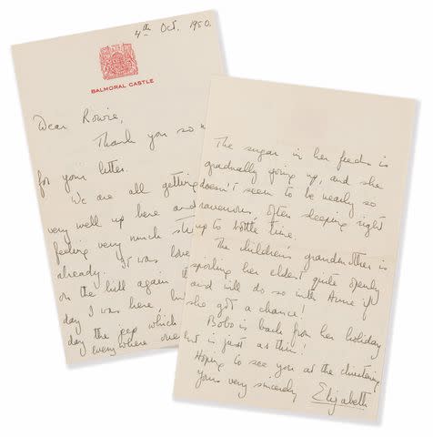 <p>RR Auction</p> Queen Elizabeth's 1950 letter to midwife goes up for auction