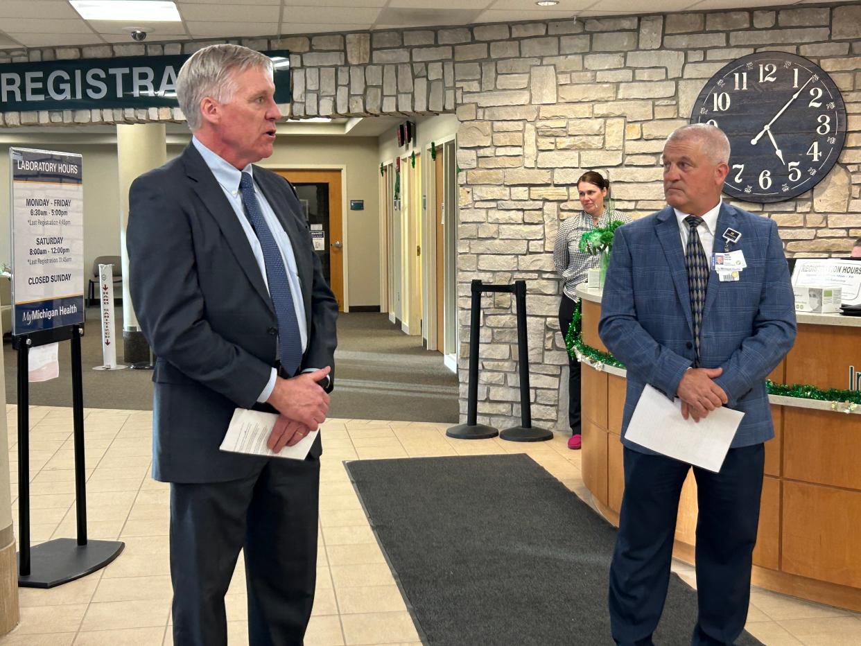 MyMichigan Medical Center President Kevin Kalchik and Board Chair Tom Coates talk about the history of the hospital and some of the programs currently underway at the 100th anniversary celebration on Feb. 26, 2024.