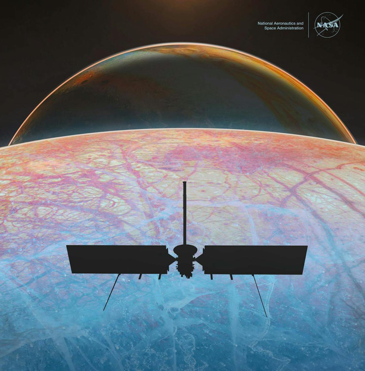 An illustration of the Europa Clipper spacecraft, which will head to Jupiter's moon Europa. <a href="https://europa.nasa.gov/resources/173/europa-clipper-journey-to-an-ocean-world-poster/" rel="nofollow noopener" target="_blank" data-ylk="slk:NASA/JPL-Caltech;elm:context_link;itc:0;sec:content-canvas" class="link ">NASA/JPL-Caltech</a>