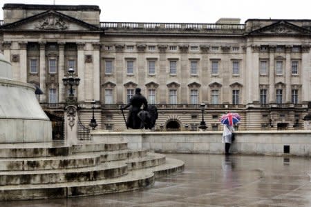 FILE PHOTO: A tourist stands in the rain outside Buckingham Palace in London, Britain August 31, 2015. REUTERS/Kevin Coombs