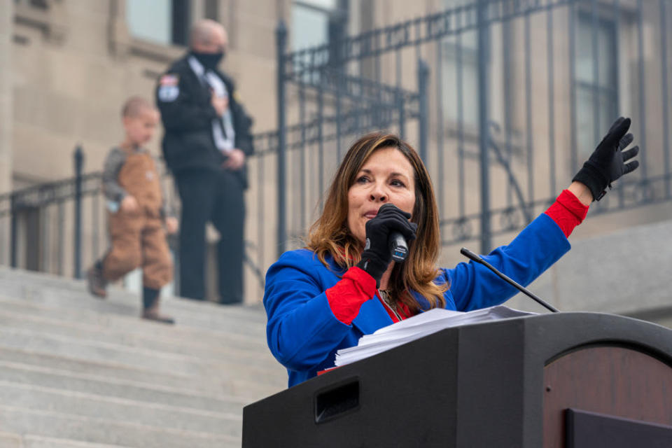 <div class="inline-image__caption"><p>Idaho Lt. Gov. Janice McGeachin speaks during a mask-burning event at the Idaho Statehouse on March 6, 2021.</p></div> <div class="inline-image__credit">Nathan Howard/Getty</div>