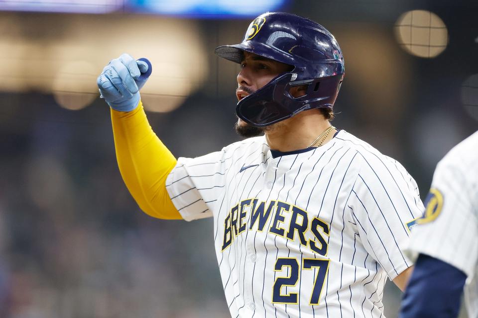 Willy Adames reacts to hitting a two-run single in the seventh inning June 1, 2024, against the Chicago White Sox. He added a game-winning single in the 10th later.