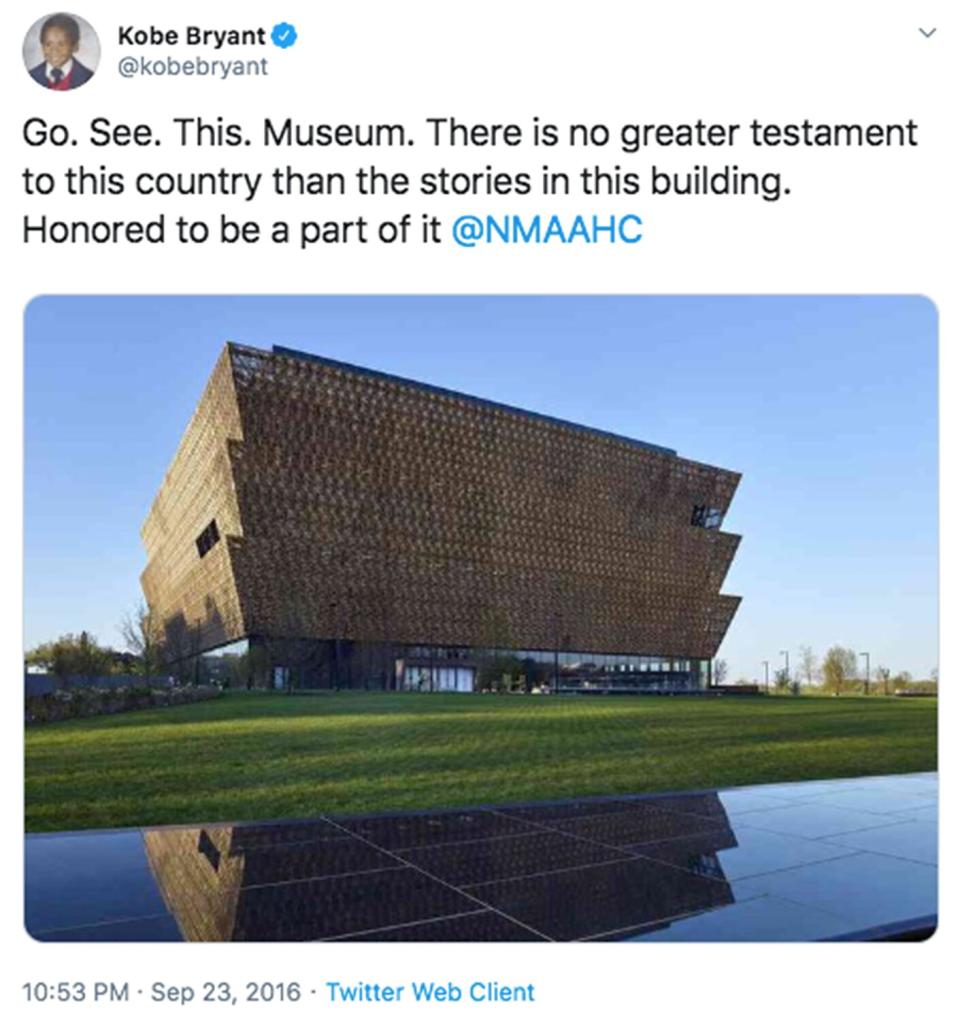 Through his family foundation, Bryant also helped fund the <a href="https://nmaahc.si.edu/" rel="nofollow noopener" target="_blank" data-ylk="slk:National Museum of African American History & Culture;elm:context_link;itc:0;sec:content-canvas" class="link ">National Museum of African American History & Culture</a>. He became a <a href="https://nmaahc.si.edu/about/founding-donors" rel="nofollow noopener" target="_blank" data-ylk="slk:milestone donor;elm:context_link;itc:0;sec:content-canvas" class="link ">milestone donor</a> (having contributed $1 million or more) and tweeted on the museum's opening day, “Go. See. This. Museum. There is no greater testament to this country than the stories in this building. Honored to be a part of it <a href="https://twitter.com/NMAAHC" rel="nofollow noopener" target="_blank" data-ylk="slk:@NMAAHC;elm:context_link;itc:0;sec:content-canvas" class="link ">@NMAAHC</a>.”