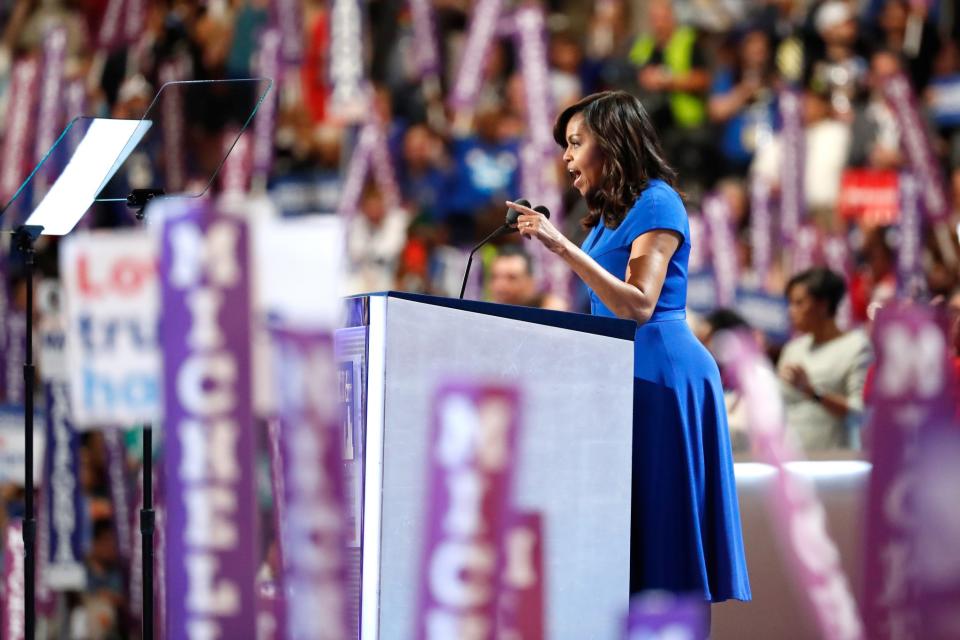 Michelle Obama delivers remarks on the first day of the DNC in Philadelphia. (Photo: Aaron P. Bernstein/Getty Images)