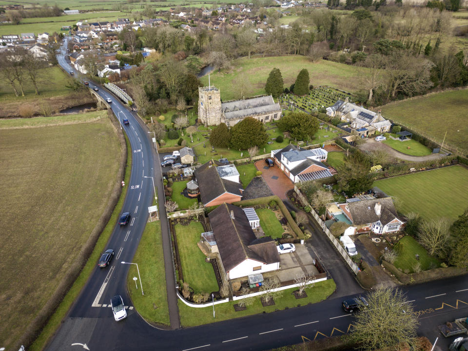 PRESTON, ENGLAND - FEBRUARY 15: An aerial view of Blackpool Lane in St Michaels on Wyre, which was not covered by CCTV on the day that Nicola Bulley went missing, on February 15, 2023 in Preston, England. Police are continuing to look for the missing woman, Nicola Bulley, 45, who disappeared while walking her dog along the banks of the River Wyre on Saturday, Jan 27. In a press conference held this morning, Lancashire police said Bulley is a 