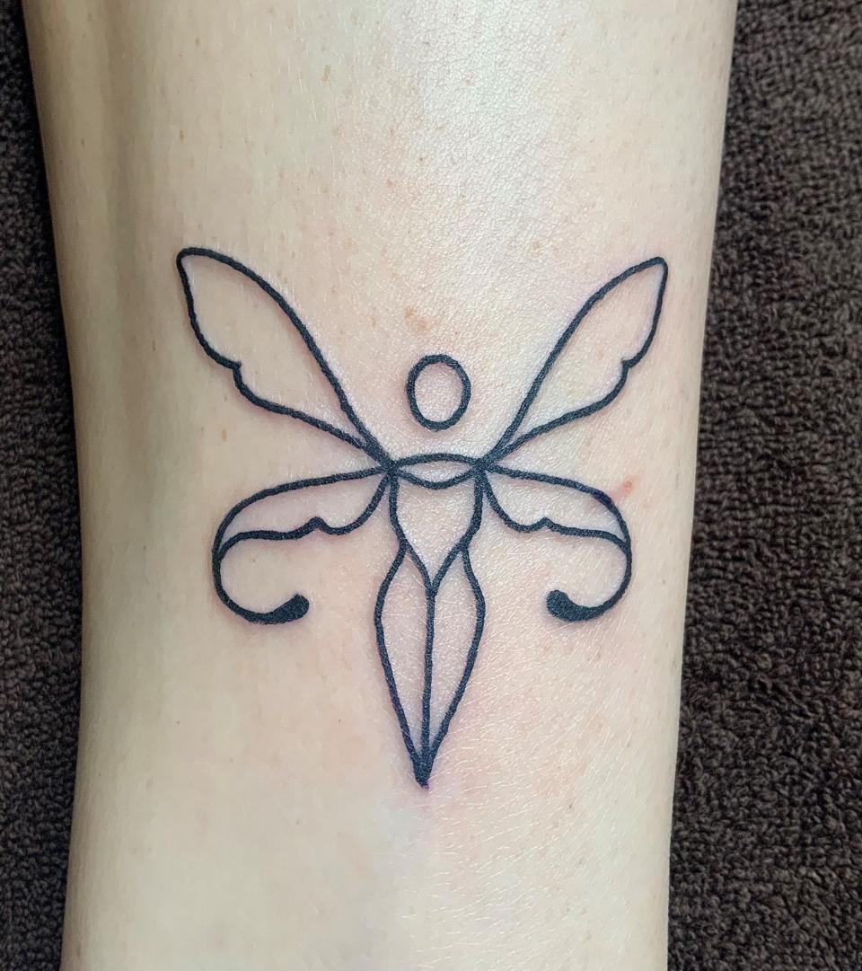 A uterus-themed tattoo in the form of a fairy designed by tattoo artist Maiah Bennett of Eureka, Calif. Bennett tattooed the image on a customer at a pro-abortion flash sale event held on July 1, 2022, by Bohemian Tattoo, where Bennett works.