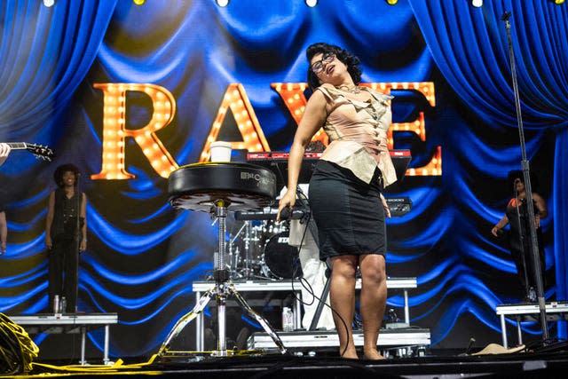 Raye performs during the first weekend of the Coachella Valley Music and Arts Festival at the Empire Polo Club in Indio, California