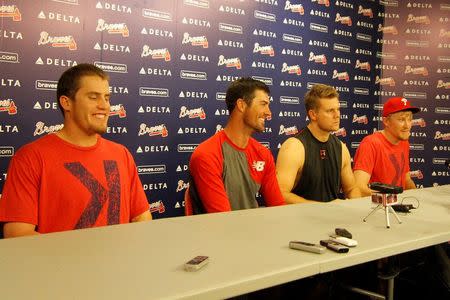 Sep 1, 2014; Atlanta, GA, USA; Philadelphia Phillies relief pitcher Ken Giles (53), starting pitcher Cole Hamels (35), relief pitcher Jonathan Papelbon (58), and relief pitcher Jake Diekman (63) are interviewed after a combined no-hitter against the Atlanta Braves at Turner Field. Brett Davis-USA TODAY Sports