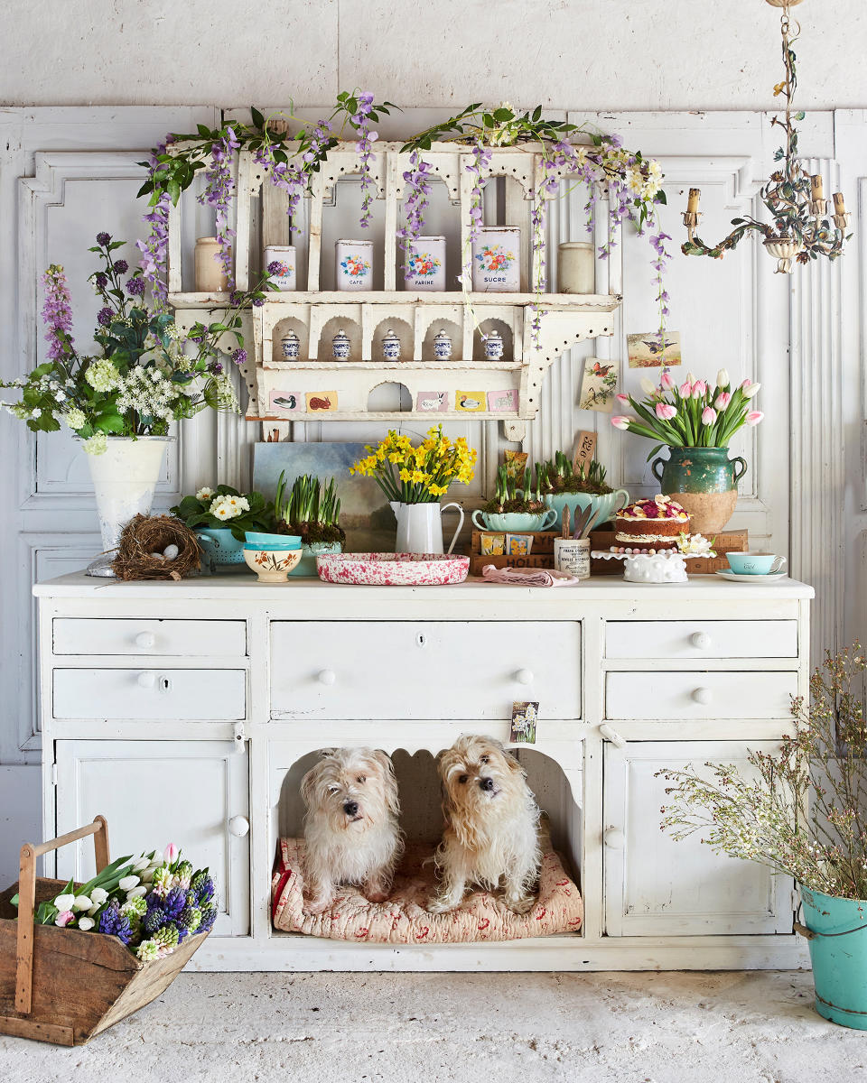 1. STYLE A DRESSER WITH SEASONAL BLOOMS AND VINTAGE FINDS