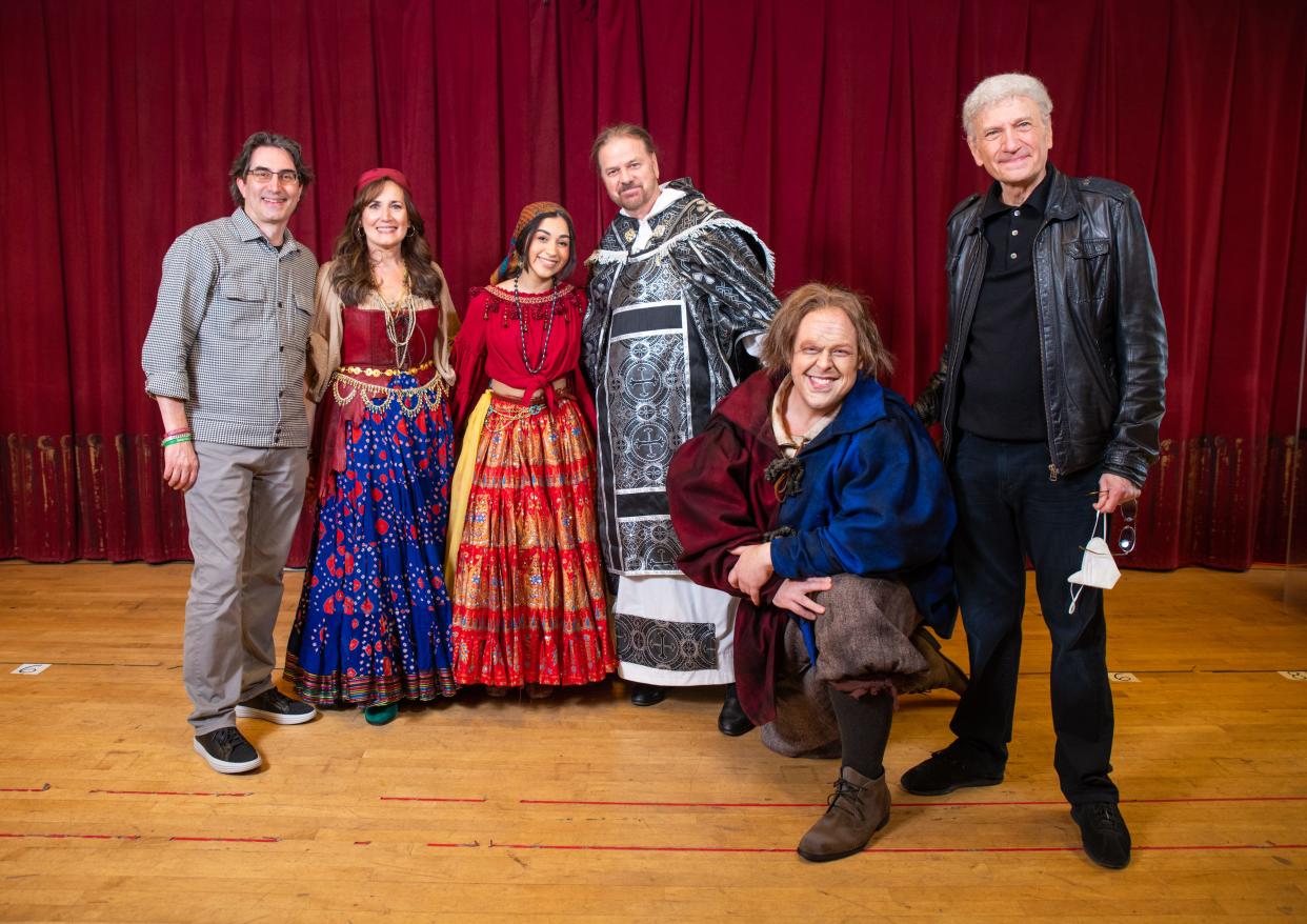 Skylight Music Theatre gets ready for "The Hunchback of Notre Dame." From left, artistic director Michael Unger, cast members Janet Metz, Alanis Sophia, Kevin Anderson and Ben Gulley, and composer Dennis DeYoung (former lead singer of the band Styx).