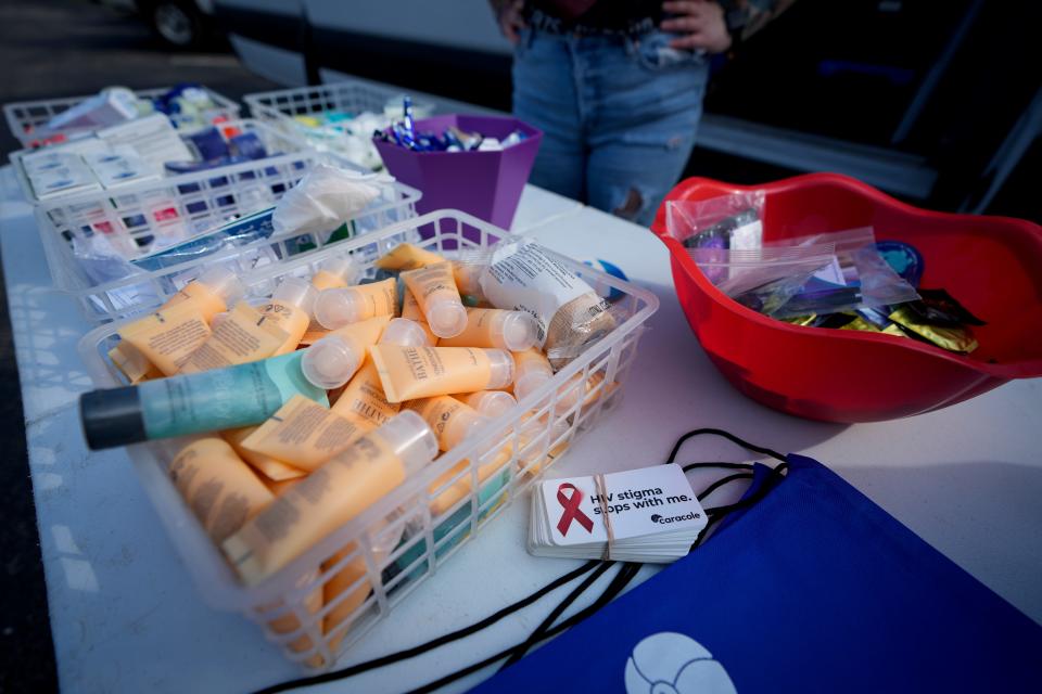 Free products are displayed at the Caracole booth at the syringe and harm reduction site in Middletown. The site offers an array of services and products including wound care, Narcan, fentanyl and xylazine test strips and connections to treatment. Its final day will be Friday, Sept. 1.