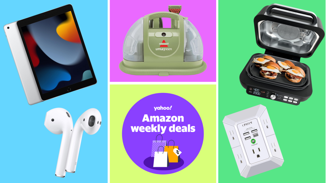 Apple iPad, Apple AirPods, Bissell Little Green, Ninja Foodi indoor grill, outlet extender and a purple circle that reads: Yahoo! Amazon weekly deals