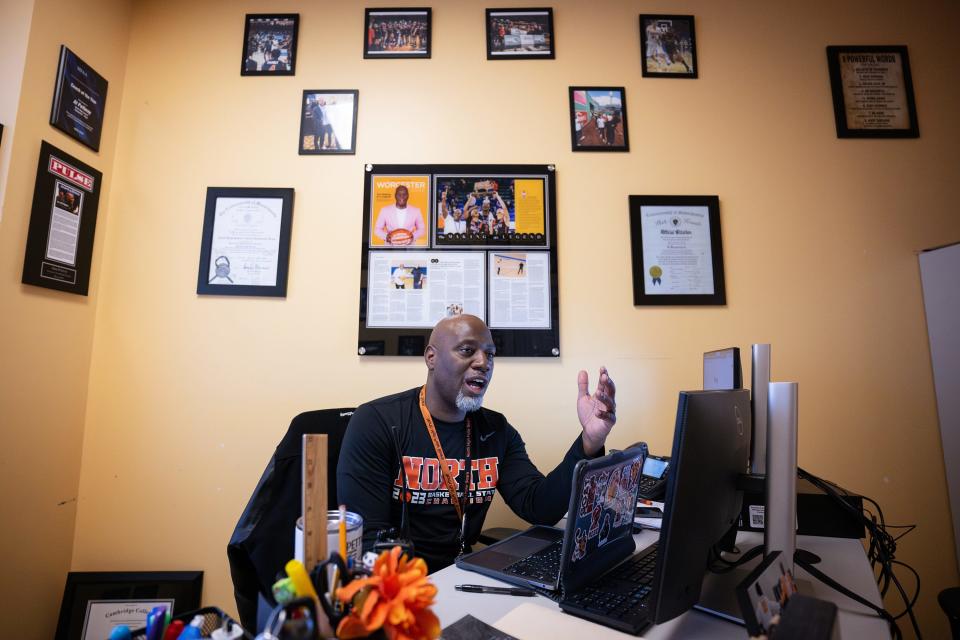 North High coach Al Pettway, who is also the Dean of Students, discusses the team in his office on Tuesday February 27, 2024. Pettway has pictures and memorabilia celebrating the team on every available wall space.