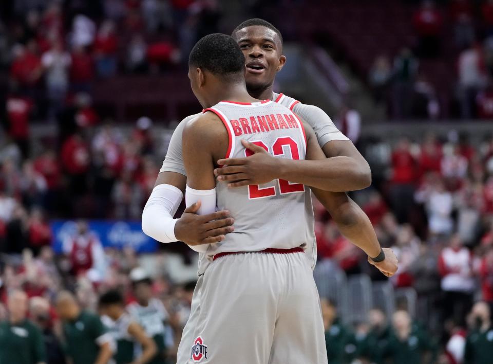 Ohio State Buckeyes forward E.J. Liddell (32) hugs guard Malaki Branham (22) following the NCAA men's basketball game against the Michigan State Spartans at Value City Arena in Columbus on March 3, 2022. Ohio State won 80-69.

Michigan State Spartans At Ohio State Buckeyes