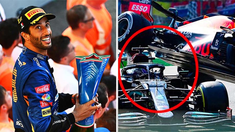 Italian GP winner Daniel Ricciardo (pictured left) celebrating and (pictured right) a crash between Max Verstappen and Lewis Hamilton.