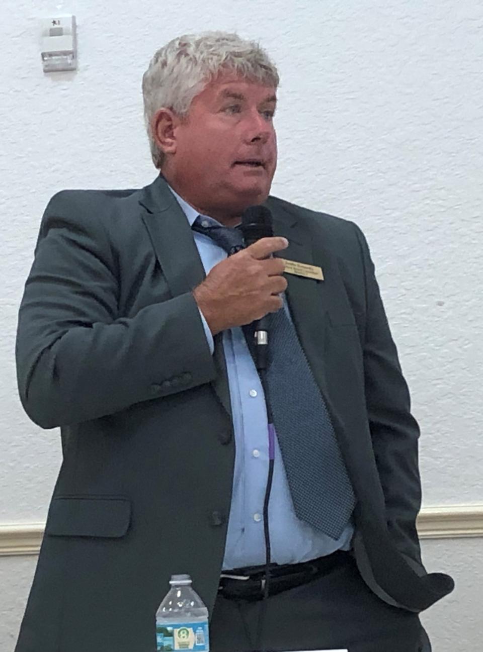 Justin Kennedy speaks at a Daytona Regional Chamber of Commerce forum for Volusia County School Board candidates on Wednesday, June 22, 2022.