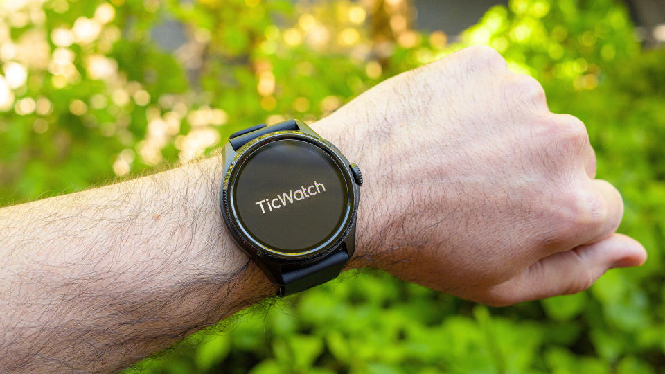 TicWatch Pro 5 Enduro on a person's wrist outside