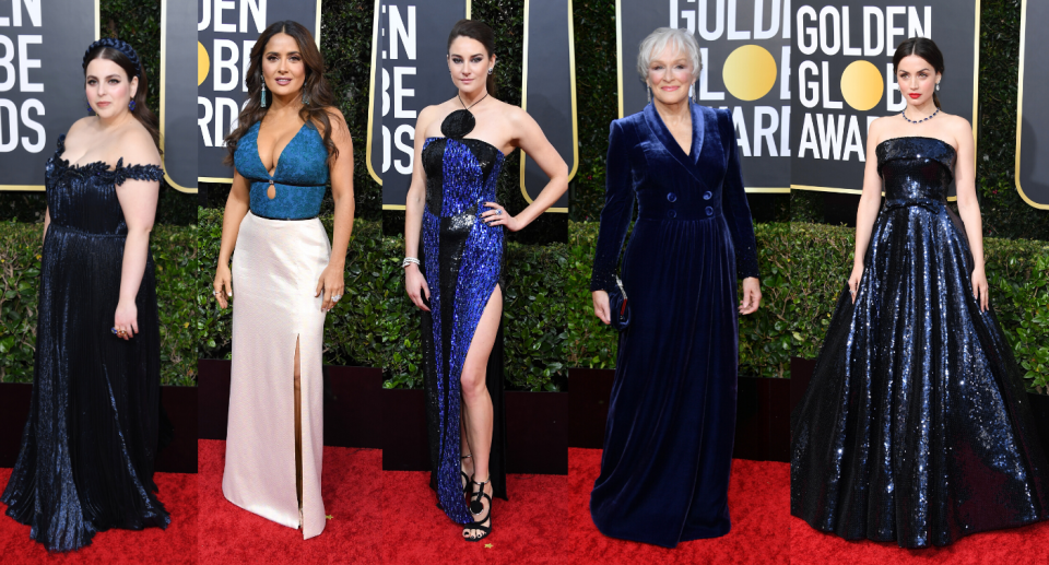 Beanie Feldstein, Salma Hayek, Shailene Woodley, Glenn Close, and Ana de Armas wowed the red carpet in Classic Blue. Images via Getty.