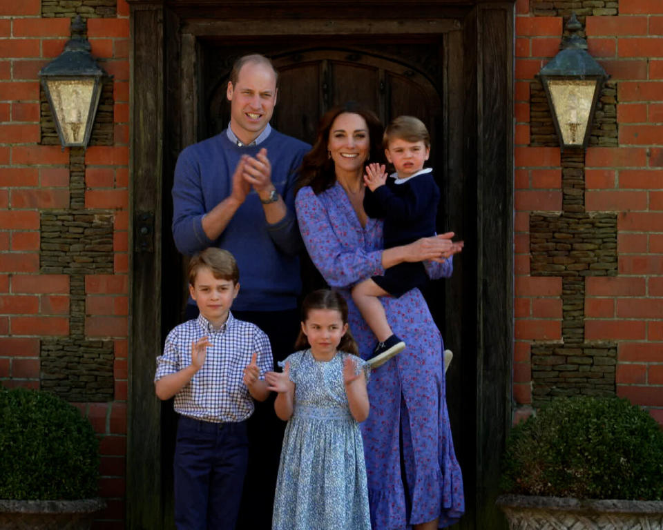 William, Kate, Louis, Charlotte and George clap for health care workers as part of the BBC Children In Need and Comic Relief "Big Night In" on April 23. (Photo: Comic Relief via Getty Images)