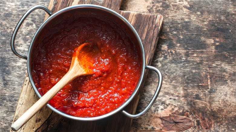 Tomato sauce in steel pot 