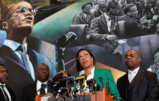 PHOTO: Ilyasah Shabazz, daughter of African-American activist Malcolm X, speaks alongside civil rights attorney Ben Crump and co-counsel Ray Hamlin during a press conference in New York, February 21, 2023. (Timothy A. Clary/AFP via Getty Images)