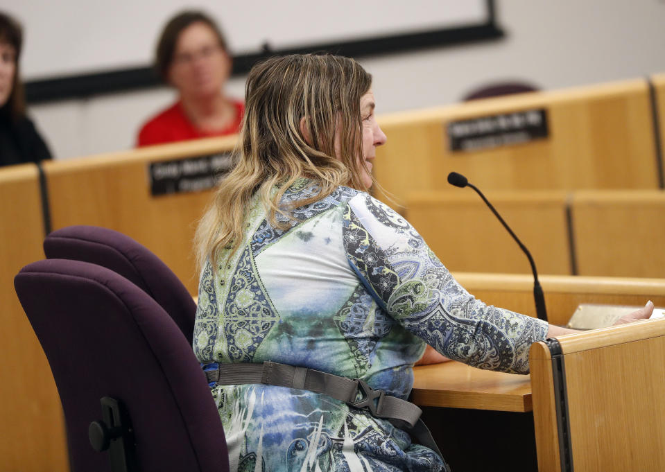 Retired nurse Victoria Coursey speaks to the board during an Arizona nursing board special meeting Friday, Jan. 25, 2019, in Phoenix, regarding former Hacienda HealthCare nurse Nathan Sutherland, who is accused of raping an incapacitated woman who later gave birth. Arizona Gov Doug Ducey is looking into whether the state can remove the board of directors of Hacienda HealthCare. (AP Photo/Matt York)