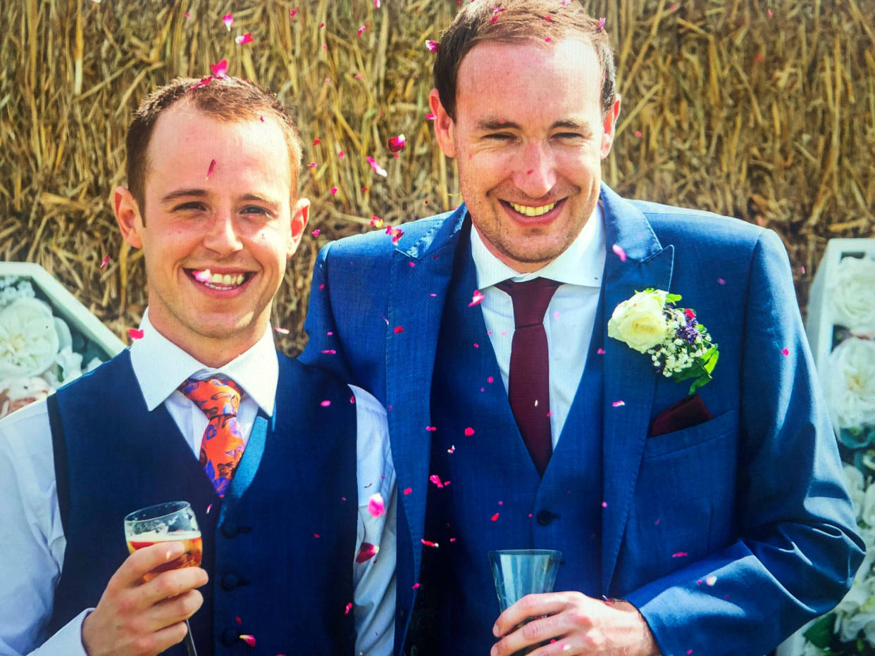 Ashley Jenkins (left) and Callum Hodge on their wedding day. See SWNS story SWOCletter. Police are investigating after a gay couple about marry were sent a poison pen letter from someone in their village - warning the reception should be held elsewhere. Callum Hodge and Ashley Jenkins announced their engagement and received nothing but love and support from friends and family. But little did they know that some people in Callums home of Norton Malreward in Somerset - population just 246 - were plotting to ruin their special day. Four months before the wedding reception held at Callums parents' private barn conversion, his mum Janie - a post lady - received a letter.  