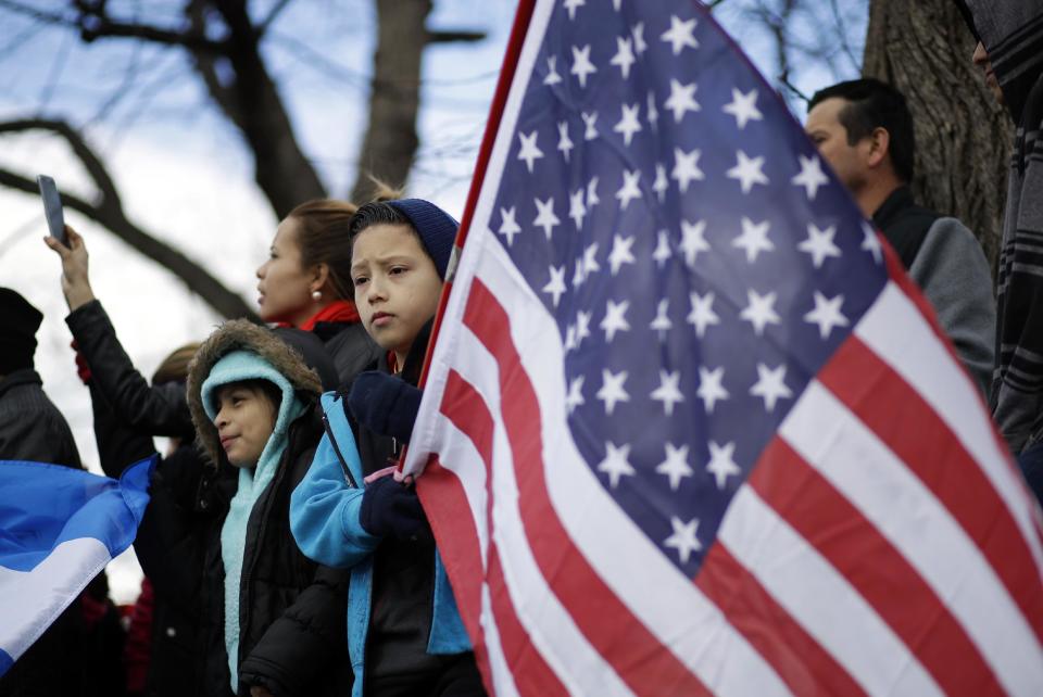 Demonstrators gather in Baltimore, Thursday, Feb. 16, 2017, as part of a nationwide protest called A Day Without Immigrants. Immigrants around the U.S. stayed home from work and school Thursday to demonstrate how important they are to America's economy and its way of life. The boycott was aimed squarely at President Donald Trump's efforts to crack down on immigration, legal and illegal. (AP Photo/Patrick Semansky)