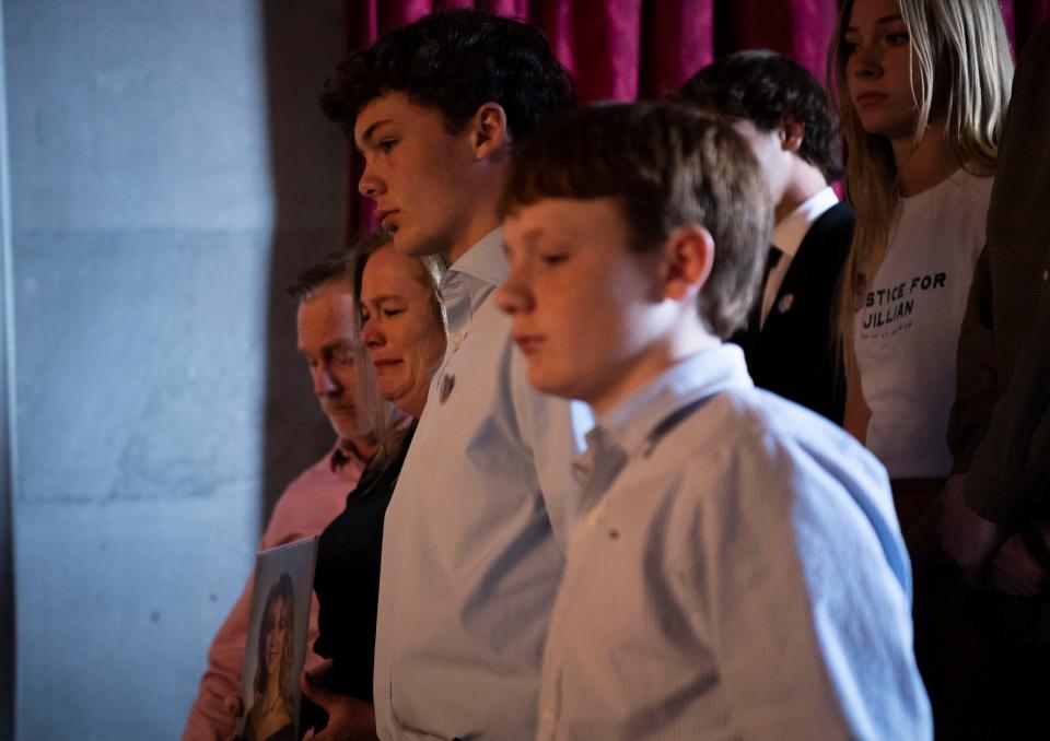 Family of Jillian Ludwig, Matt Ludwig, Jessica Ludwig, Shane Ludwig, 16, Trevor Ludwig, 14, listen during the debate over “Jillian’s Law” at Tennessee Capitol in Nashville , Tenn., Monday, April 15, 2024.