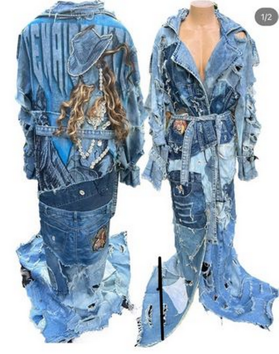 Cordell Allen worked with artist Stevie White to create a denim patchwork trenchcoat that features a hand drawn image of Beyoncé’s Renaissance World Tour poster.