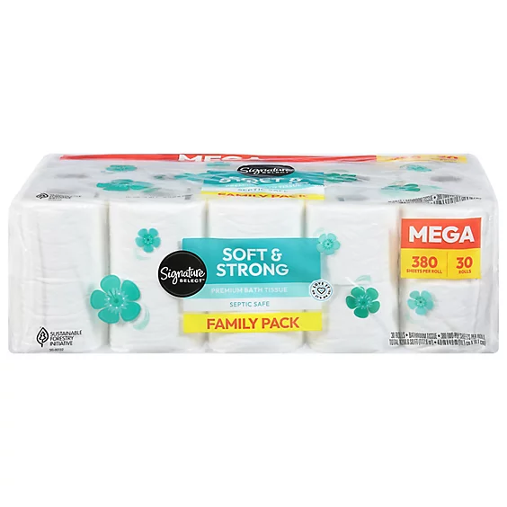 Pack of Signature Soft & Strong toilet tissue, Mega 380-sheet 30 rolls, Family Pack
