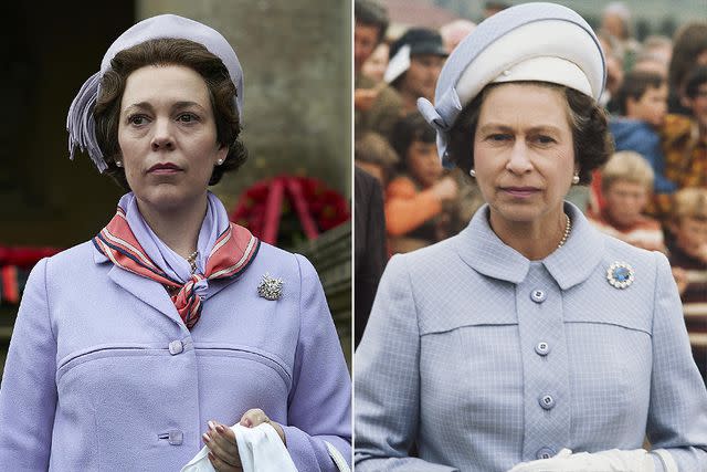 Netflix; Getty Actress Olivia Colman in character as Queen Elizabeth II on ‘The Crown’; Queen Elizabeth ll during the Silver Jubilee Tour in Wellington, New Zealand, on Feb. 27, 1977.