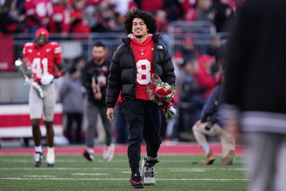 Nov 18, 2023; Columbus, Ohio, USA; Ohio State Buckeyes safety Lathan Ransom takes part in senior day prior to the NCAA football game against the Minnesota Golden Gophers at Ohio Stadium.