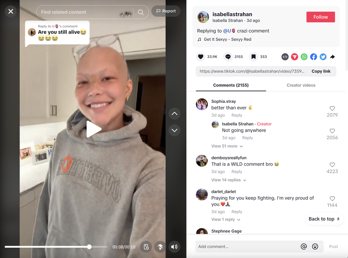 Isabella Strahan addresses “crazy” comment asking if she’s still alive Screengrab from Isabella Strahan's TikTok page