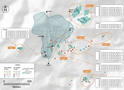 Figure 1: Location and Assay Results of Rock and Soil Samples Taken From the Six Newly Generated Porphyry and Related Style Targets Surrounding the Apollo System (CNW Group/Collective Mining Ltd.)