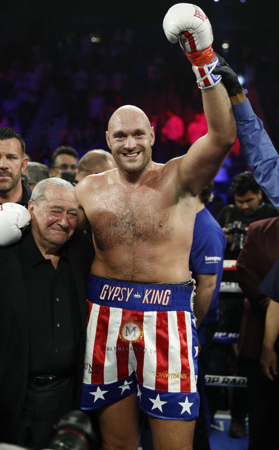 Tyson Fury, of England, poses for photographers after defeating Tom Schwarz, of Germany, during a heavyweight boxing match Saturday, June 15, 2019, in Las Vegas. (AP Photo/John Locher)