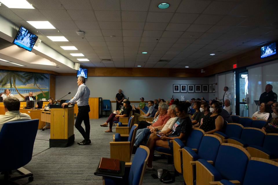 A community member speaks during the public comments section of a Naples City Council workshop session, Monday, Aug. 15, 2022, at Naples City Hall in Naples, Fla.Supporters and opposers of the drag show at the Naples Pride Festival in July spoke during public comments.