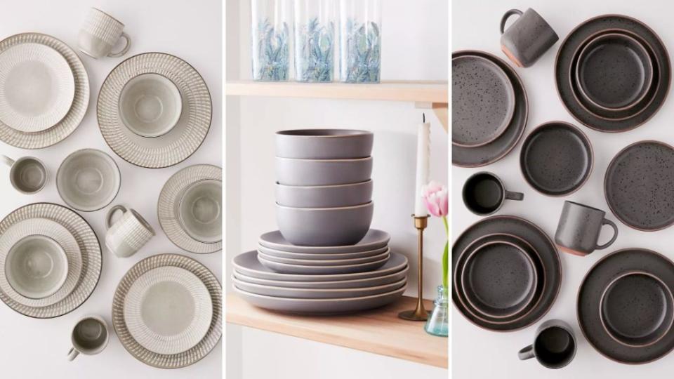 Left to right: <a href="https://fave.co/3jPRZOW" rel="noopener" target="_blank" data-ylk="slk:16-piece Fantasia 16-piece dinnerware set;elm:context_link;itc:0;sec:content-canvas" class="link ">16-piece Fantasia 16-piece dinnerware set</a>; <a href="https://fave.co/3yoLSVu" rel="noopener" target="_blank" data-ylk="slk:12-piece Rockaway dinnerware set;elm:context_link;itc:0;sec:content-canvas" class="link ">12-piece Rockaway dinnerware set</a>; <a href="https://fave.co/3dRyUrB" rel="noopener" target="_blank" data-ylk="slk:glazed terracotta 16-piece dinnerware set;elm:context_link;itc:0;sec:content-canvas" class="link ">glazed terracotta 16-piece dinnerware set</a>. Credit: Urban Outfitters