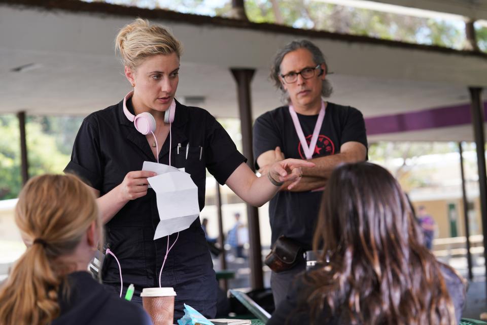 Writer/director Greta Gerwig, left, and cinematographer Rodrigo Prieto on the set of "Barbie."