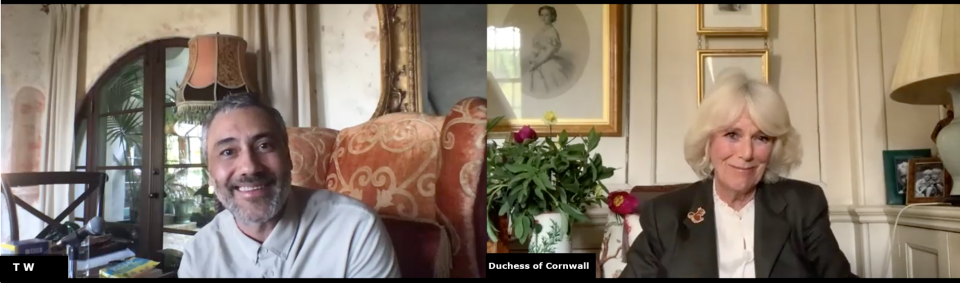 The duchess on a zoom call with Taika Waititi. (Clarence House/Roald Dahl Story Company)