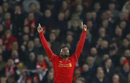 Football Soccer Britain - Liverpool v Tottenham Hotspur - EFL Cup Fourth Round - Anfield - 25/10/16 Liverpool's Daniel Sturridge celebrates scoring their second goal Action Images via Reuters / Jason Cairnduff Livepic EDITORIAL USE ONLY. No use with unauthorized audio, video, data, fixture lists, club/league logos or "live" services. Online in-match use limited to 45 images, no video emulation. No use in betting, games or single club/league/player publications. Please contact your account representative for further details. - RTX2QFC2