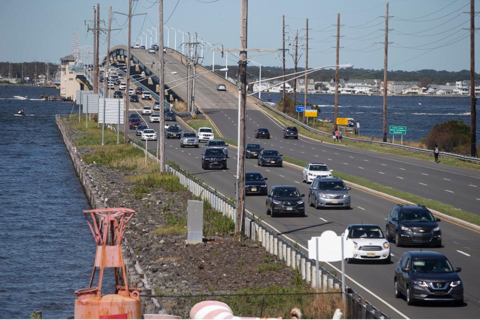 Traffic heads east on the Thomas A. Mathis Bridge over the Barnegat Bay in Toms River of Labor Day weekend in 2020.