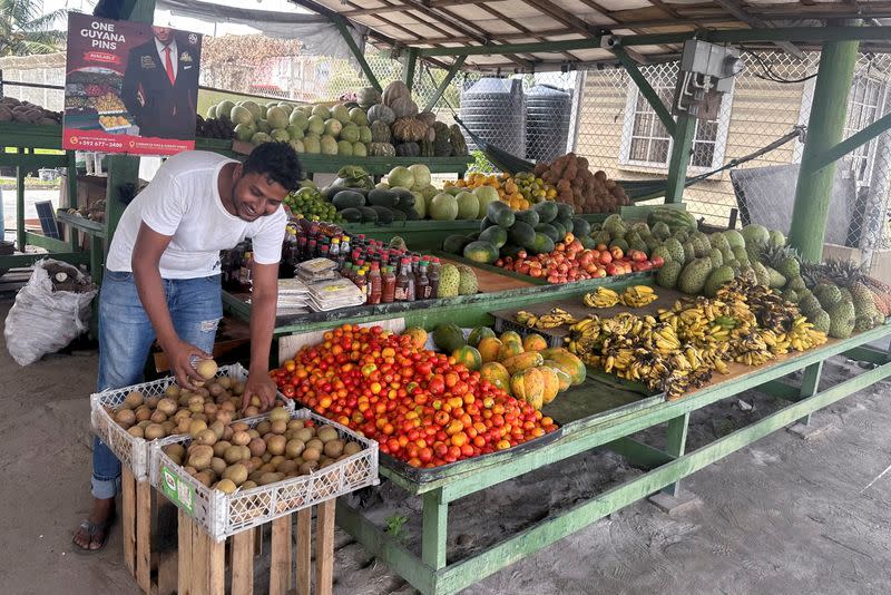 FILE PHOTO: Fruit vendor organizes produce at a stand in Georgetown