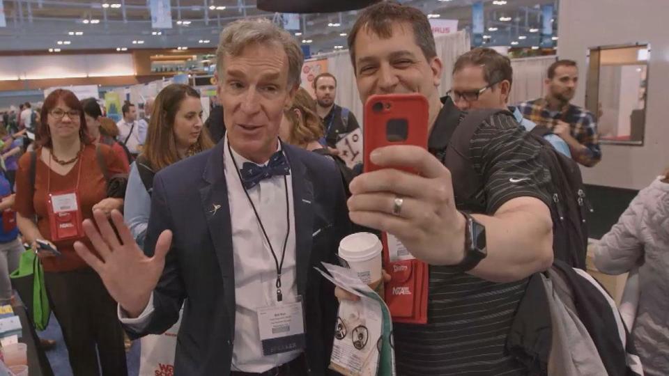 Everyone's favorite scientist is out to save the world once again with his new documentary -- but first he has some tips for taking a celebrity selfie.