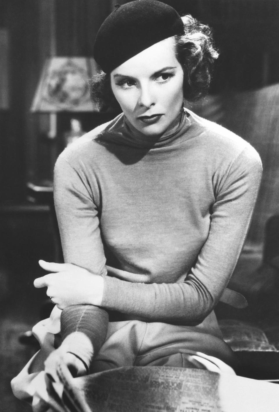 Katherine Hepburn wearing a beret photographed in 1937.