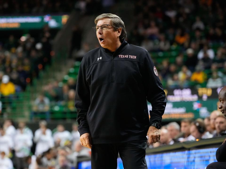 Feb 4, 2023; Waco, Texas, USA;  Texas Tech Red Raiders head coach Mark Adams reacts to a call against the Baylor Bears during the first half at Ferrell Center. Mandatory Credit: Chris Jones-USA TODAY Sports ORG XMIT: IMAGN-512602 ORIG FILE ID:  20230204_neb_qr0_038.JPG