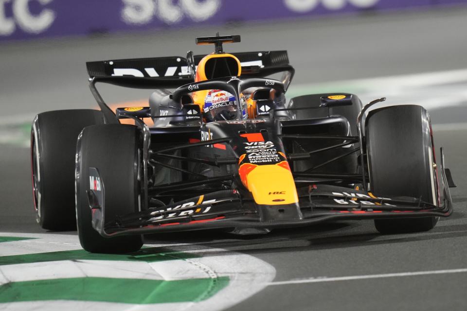 Red Bull driver Max Verstappen of the Netherlands steers his car during the Formula One Saudi Arabian Grand Prix at the Jeddah Corniche Circuit, in Jedda, Saudi Arabia, Saturday, March 9, 2024. (AP Photo/Darko Bandic)