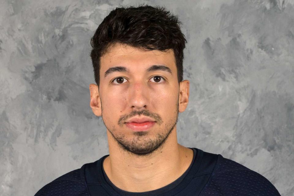 <p>Scott Rovak/NHLI via Getty </p> Jordan Kyrou #25 of the St. Louis Blues poses for his official headshot for the 2022-2023 season on September 22, 2022 at the Centene Community Ice Center in St. Louis, Missouri