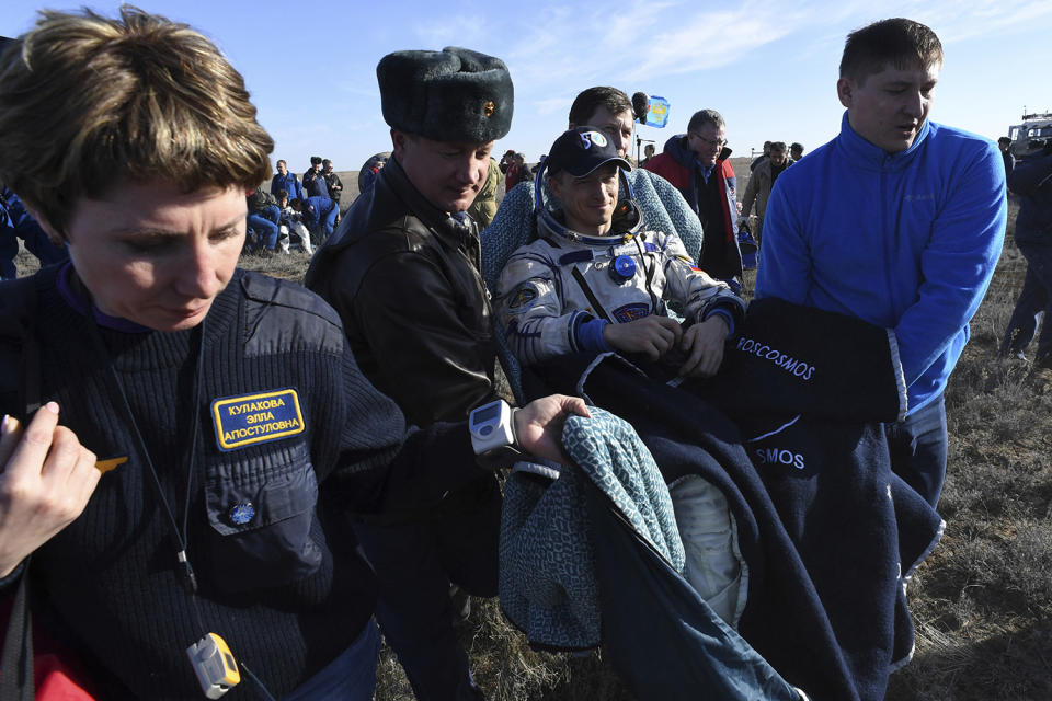 Cosmonaut Sergey Ryzhikov is carried